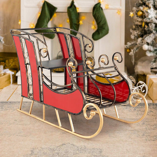 3 FT Christmas Metal Sleigh Decoration Santa Sleigh with 2-Tier Storage Shelf
